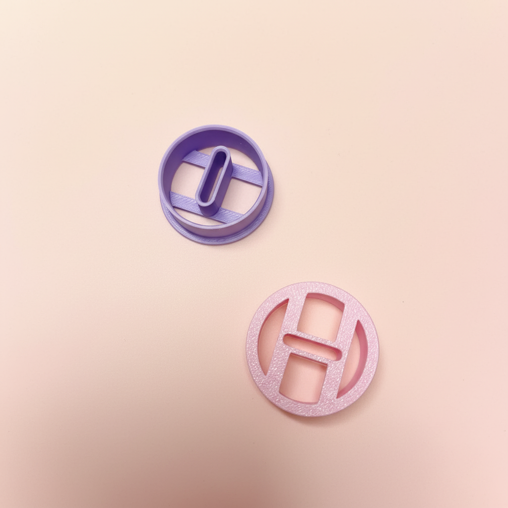 Cortadores circulares lilás e rosa com fundo suave